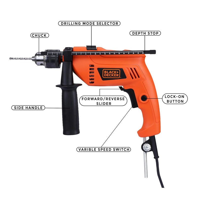 BLACK+DECKER HD555KMPR-B1 13mm 550Watt Hammer Drill and Hand Tools Kit for Home,DIY and Professional use -100 pc - Image 3