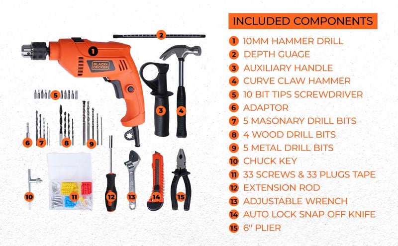 BLACK+DECKER HD555KMPR-B1 13mm 550Watt Hammer Drill and Hand Tools Kit for Home,DIY and Professional use -100 pc - Image 4