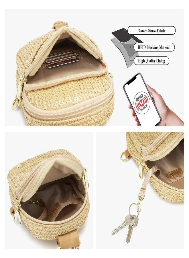 AOCINA RFID Straw Summer Purses for Women 2025 Woven Sling Bag Fanny Packs Cross body for Everyday Beach Travel Vacation Essentials, Weaving Khaki Color, Front Pocket Button - Image 3