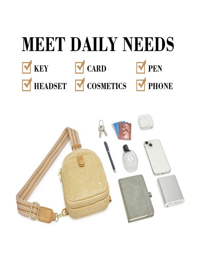 AOCINA RFID Straw Summer Purses for Women 2025 Woven Sling Bag Fanny Packs Cross body for Everyday Beach Travel Vacation Essentials, Weaving Khaki Color, Front Pocket Button - Image 4