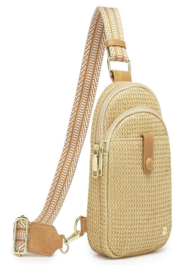 AOCINA RFID Straw Summer Purses for Women 2025 Woven Sling Bag Fanny Packs Cross body for Everyday Beach Travel Vacation Essentials, Weaving Khaki Color, Front Pocket Button - Image 1