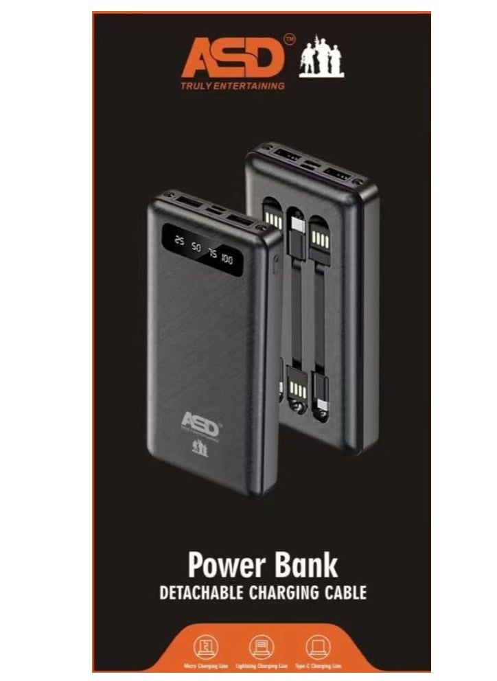 ASD - ASD-78 10000 Mah Power Bank Back Up with 3 Detchable Charging Cable (Micro, Lightning, Type-C), 2 USB Port, Multi Charging with Micro & Type-C (Black) - Image 1