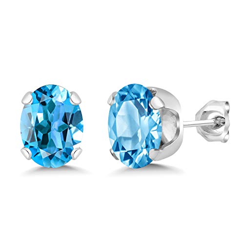 Gem Stone King 3.00 Cttw Swiss Blue Topaz Stud Earrings For Women Men | Gemstone Birthstone | Oval 8X6MM - Image 1