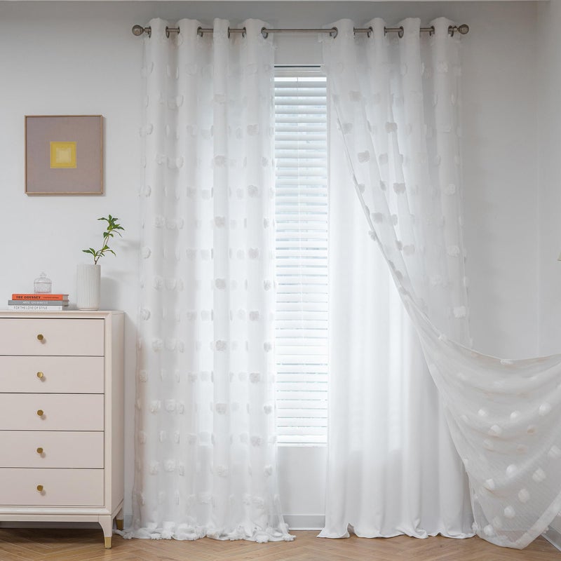 MYSKY HOME MYSKY HOME Kids Curtains for Girls Bedroom Double Layer Curtain for Daughter Room 84 Inches Long Pom Pom Sheer Drapes White Curtains for Living Room Grommet Room Darkening Panels W52 X L84 
