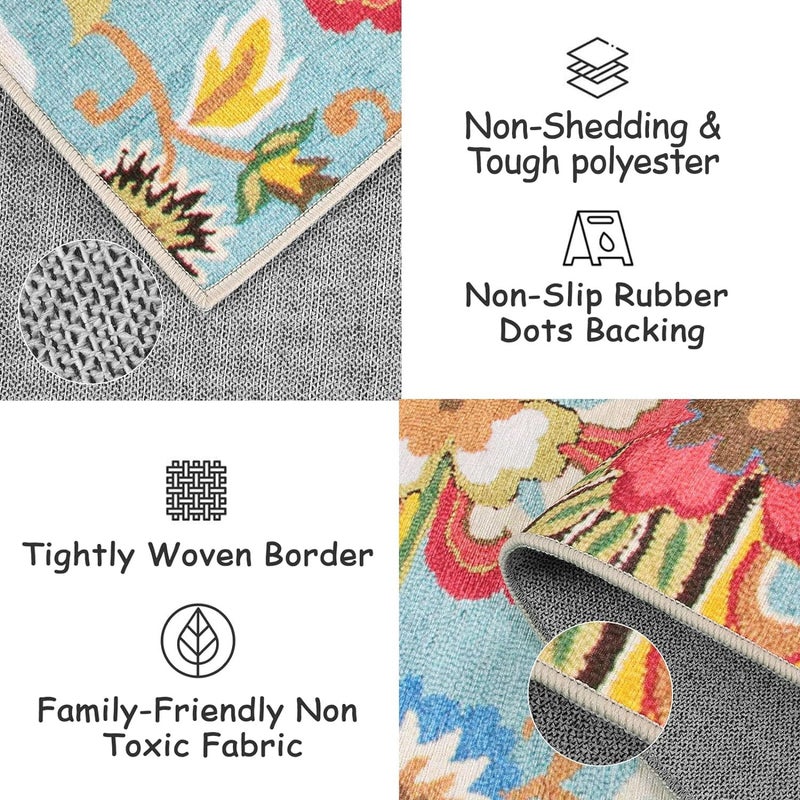 Beeiva Floral Rug Runners for Hallways, 2x5 Ultra Thin Colorful Kitchen Runner Rug Washable, Vintage Plant Non-Shedding Bathroom Front Door Rug Non-Slip Hallway Runner Rug for Entryway Bedroom Kitchen - Image 4