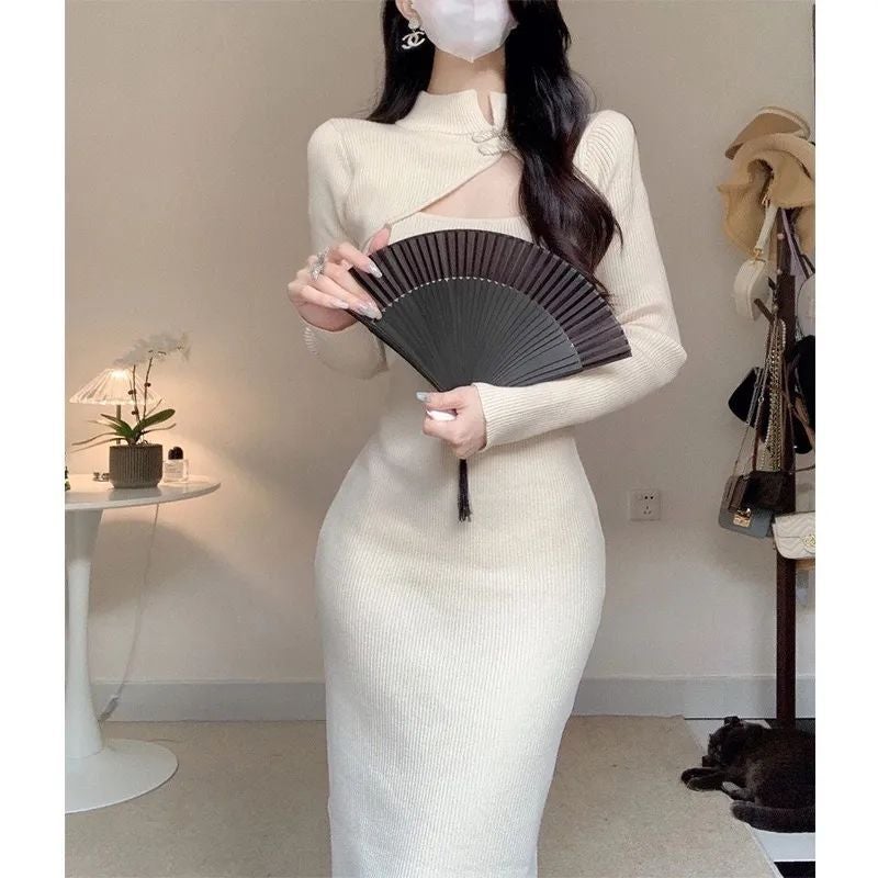 New Chinese Style National Style Retro Vertical Collar Improved Daily Cheongsam Hollow-out Buckle dress Slim-fit Waist-wrapped Hip Long Dress Apricot