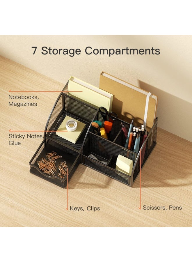 Multifunctional Mesh Desk Organizer, Office Supplies Holder with 6 Storage Compartments and 1 Drawer for Home, Office, School, Classroom - Image 4