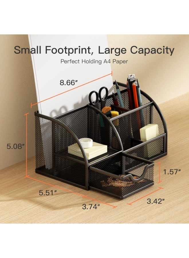 Multifunctional Mesh Desk Organizer, Office Supplies Holder with 6 Storage Compartments and 1 Drawer for Home, Office, School, Classroom - Image 5