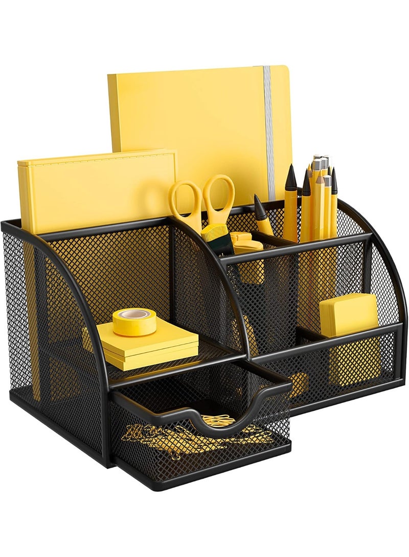 Multifunctional Mesh Desk Organizer, Office Supplies Holder with 6 Storage Compartments and 1 Drawer for Home, Office, School, Classroom - Image 1