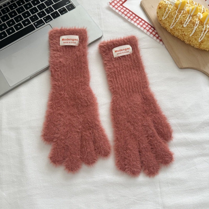 Japanese cute plush gloves womens winter warm cold warm long gloves can touch screen to play with snow atmosphere 8-lotus root starch 