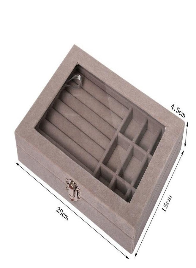 TRADY Velvet Jewelry Organizer Box with Glass Lid – Ring Display Case with 12 Grid Compartments and Ring Holder – Lockable Jewelry Storage Box for Rings, Earrings & Accessories - Image 2