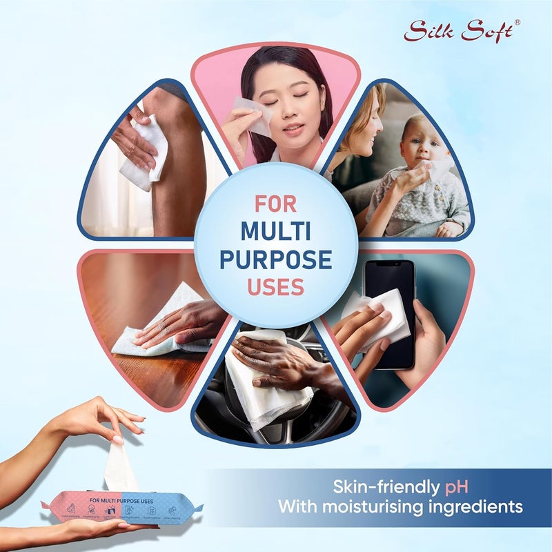 Silk Soft Multipurpose Wet Wipes – 396 Wipes (66 x 6 Packs) | Gentle, Alcohol-Free & Hypoallergenic | Effective Cleaning for Hands, Face & Surfaces - Image 2
