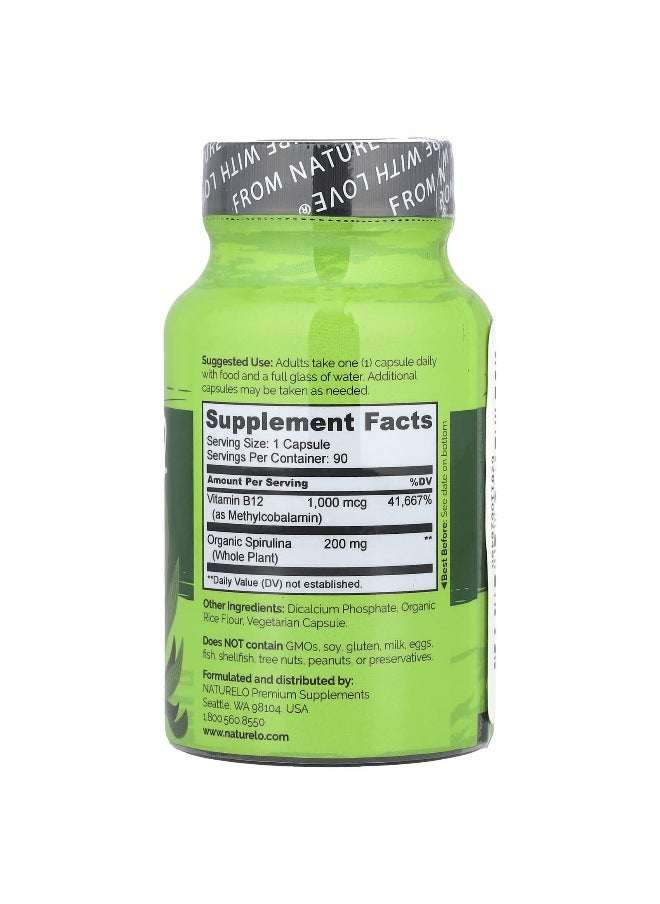 NATURELO NATURELO, Vegan B12 Infused with Spirulina, 90 Easy Swallow Capsules  - Image 2