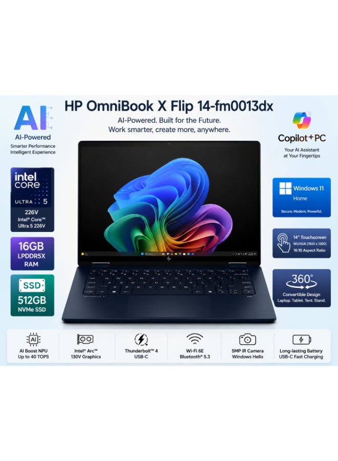 HP OmniBook X Flip 14-fm0013dx 2-in-1 Convertible Laptop (2025) – 14" 2K Display, Touchscreen, Intel® Core™ Ultra 5 226V, 16GB LPDDR5X RAM, 512GB PCIe SSD, Intel® Arc™ 130V Graphics, Windows 11 Home, Backlit English Keyboard, Atmospheric Blue – International Version English Atmospheric Blue - Image 1