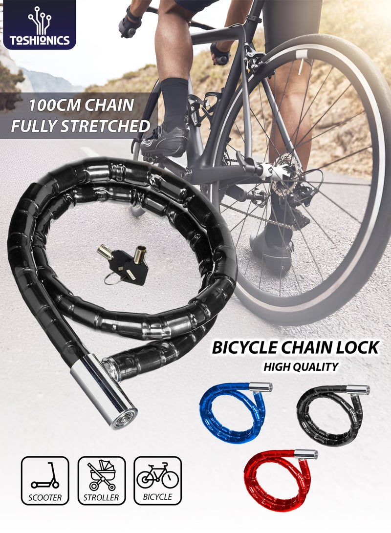 توشيونيكس قفل سلسلة دراجة مدرع متين ٢٢ مم، بطول ١٠٠٠ مم، T١١٣٢٥٩ | قفل كامة أنبوبي عالي الأمان مزود بمفتاحين | سلسلة كابل فولاذي مضادة للسرقة مع غطاء دخان من البولي فينيل كلوريد | قفل دراجة، دراجة نارية، دراجة كهربائية، سكوتر، وبوابة - Image 1