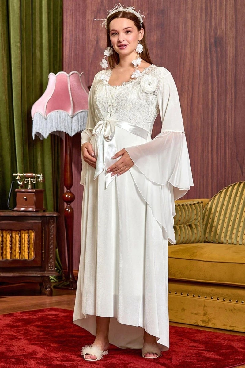 Cossy By Aqua 25134 Maternity and Maternity Lace Velvet Dressing Gown-Cream  - Image 1