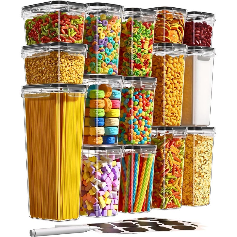 15 عبوة من حاويات تخزين الطعام محكمة الإغلاق مع أغطية BPAعلب المطبخ البلاستيكية لدقيق الحبوب والسكر والمعكرونة الجافة تشمل علامة الملصقات