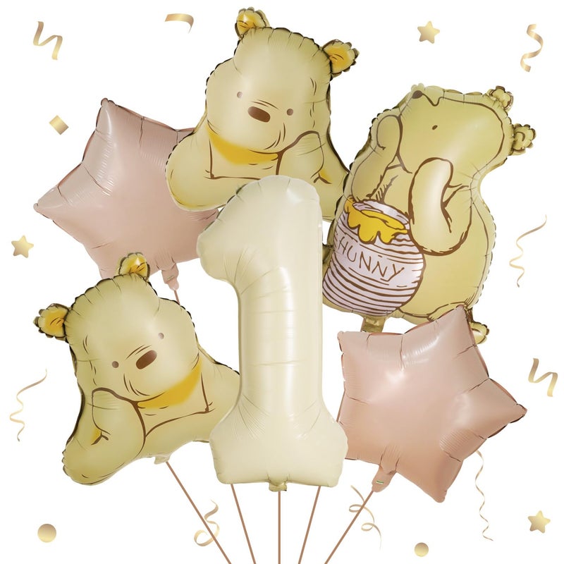 Heboland 6Pcs Winnie 1st Birthday Decorations â€“ Vintage Pooh Bear 3D Foil Balloon Set for Baby Boys and Girls First Year Party Decor - Image 1