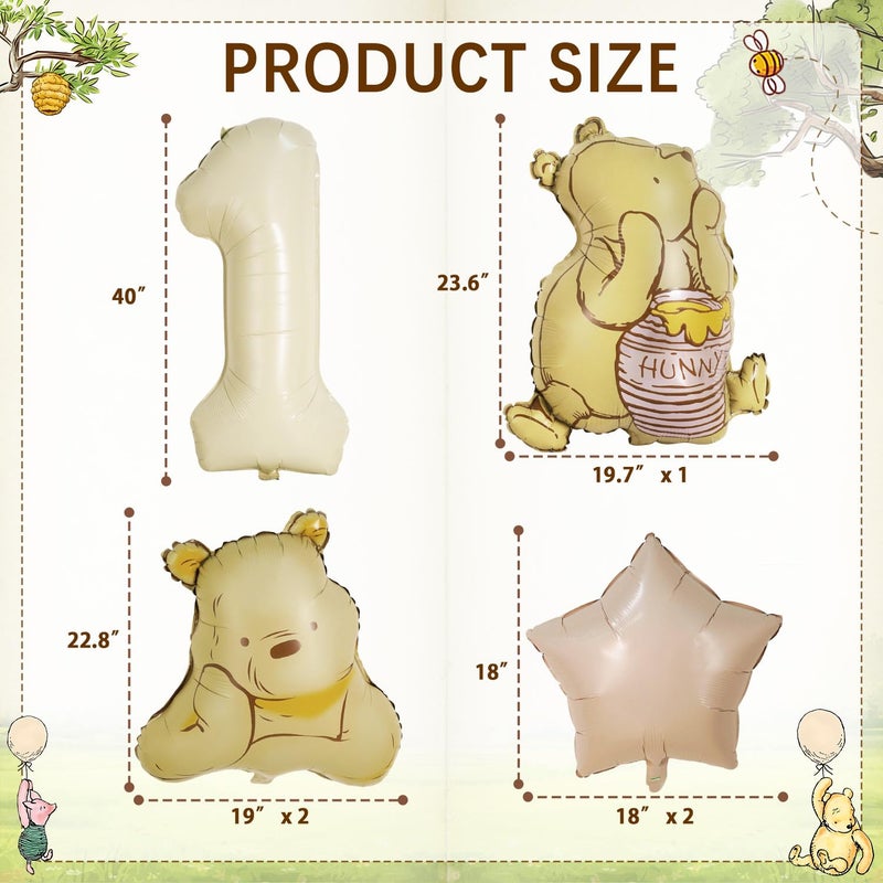 Heboland 6Pcs Winnie 1st Birthday Decorations â€“ Vintage Pooh Bear 3D Foil Balloon Set for Baby Boys and Girls First Year Party Decor - Image 2