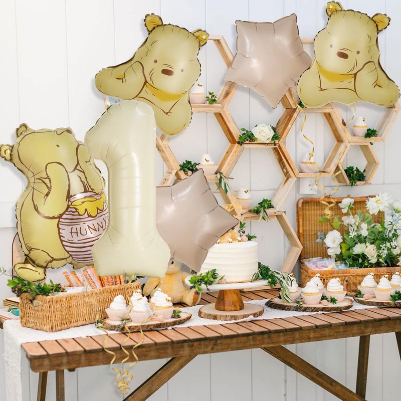 Heboland 6Pcs Winnie 1st Birthday Decorations â€“ Vintage Pooh Bear 3D Foil Balloon Set for Baby Boys and Girls First Year Party Decor - Image 3