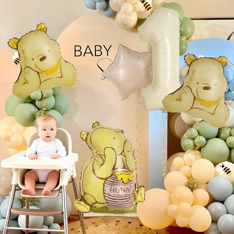 Heboland 6Pcs Winnie 1st Birthday Decorations â€“ Vintage Pooh Bear 3D Foil Balloon Set for Baby Boys and Girls First Year Party Decor - Image 4