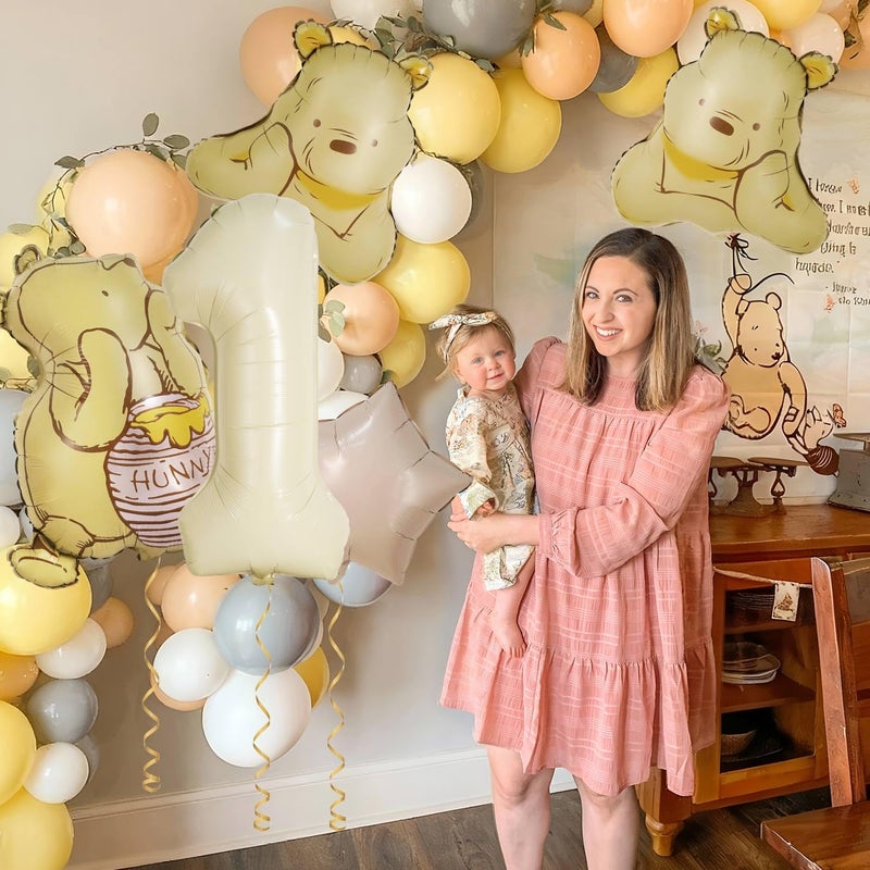 Heboland 6Pcs Winnie 1st Birthday Decorations â€“ Vintage Pooh Bear 3D Foil Balloon Set for Baby Boys and Girls First Year Party Decor - Image 5