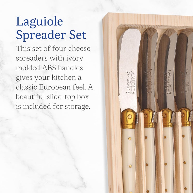 Jean Dubost Jean Dubost Laguiole 4-Piece Spreader Set, Ivory Handles - Rust-Resistant Stainless Steel - Includes Wooden Tray - Made in France  - Image 2