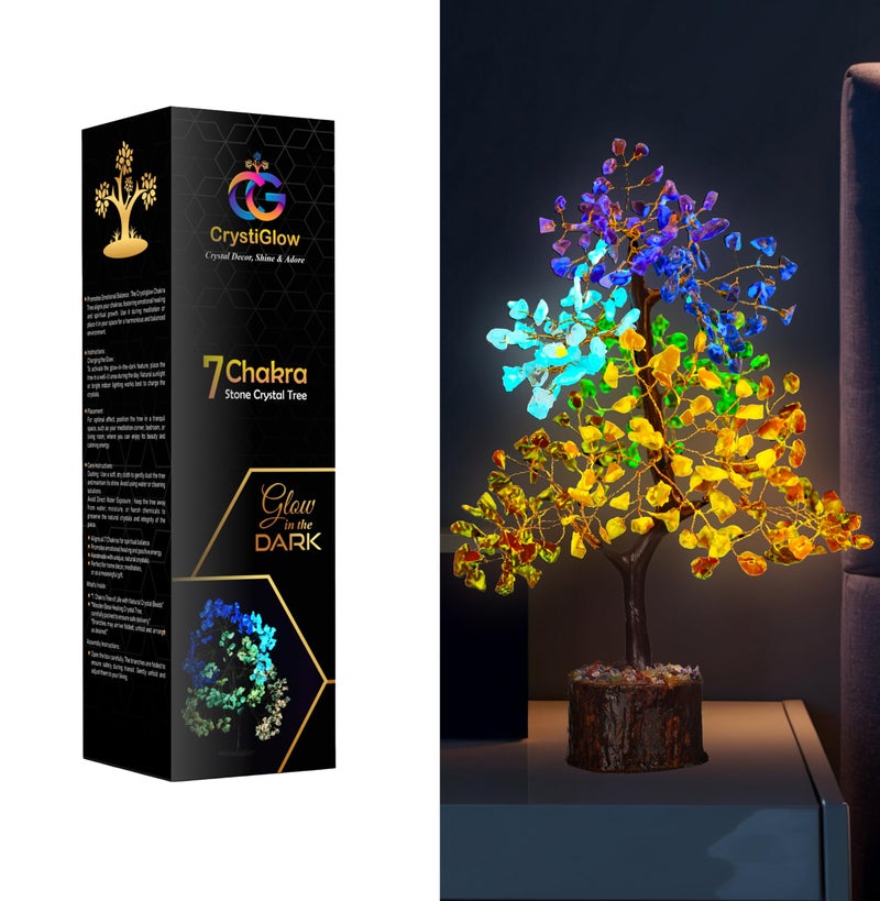 Crystiglow Glow in The Dark 7 Chakra Crystal Tree – 10 Inch, 300 Crystal Beads | Home Decor Gift Items | Table Decor | Handicraft Items for Home Decor | Unique Gift for All Occasions - Image 1