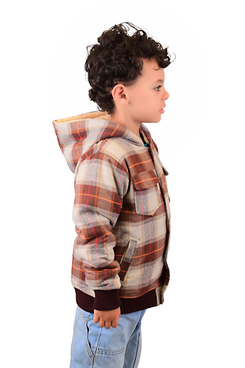 Bongo Kids Wear Plaid Capsule Sleeve Design Faux Fur Lining Jacket For Boys - Brown Beige - Image 3