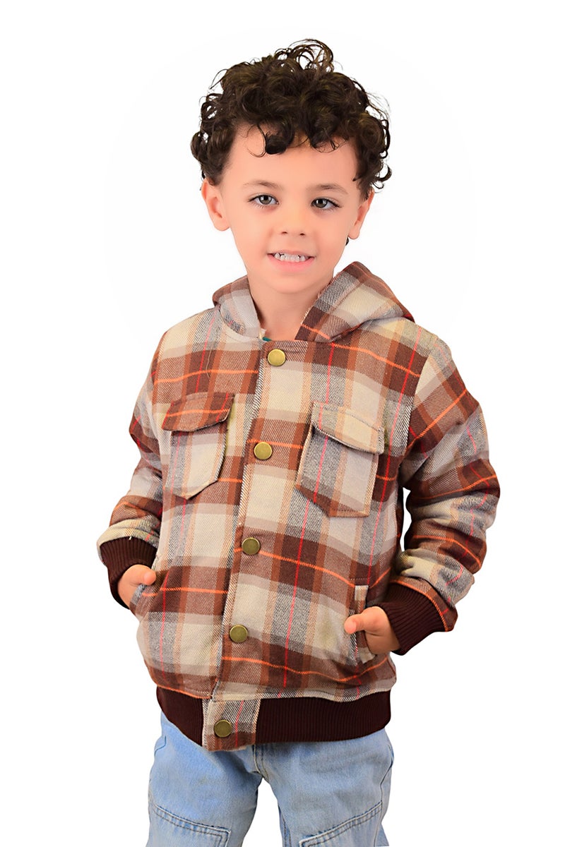 Bongo Kids Wear Plaid Capsule Sleeve Design Faux Fur Lining Jacket For Boys - Brown Beige - Image 5