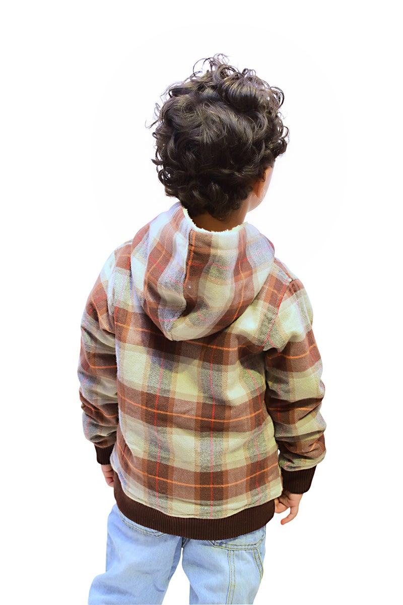Bongo Kids Wear Plaid Capsule Sleeve Design Faux Fur Lining Jacket For Boys - Brown Beige - Image 4