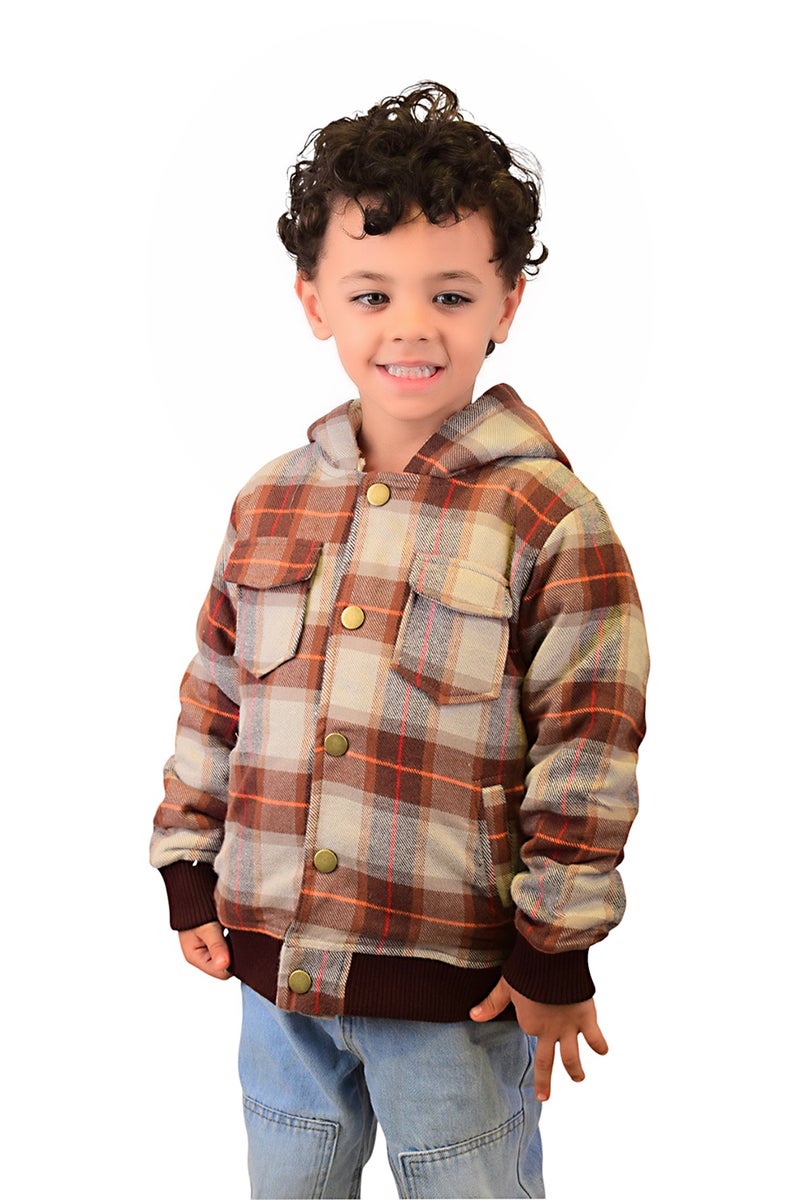 Bongo Kids Wear Plaid Capsule Sleeve Design Faux Fur Lining Jacket For Boys - Brown Beige - Image 2