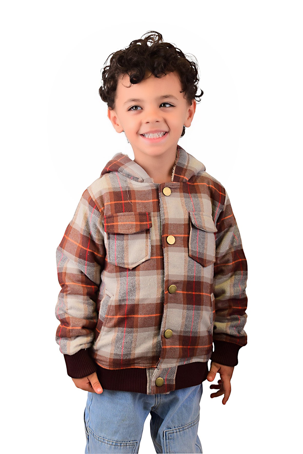 Plaid Capsule Sleeve Design Faux Fur Lining Jacket For Boys - Brown Beige