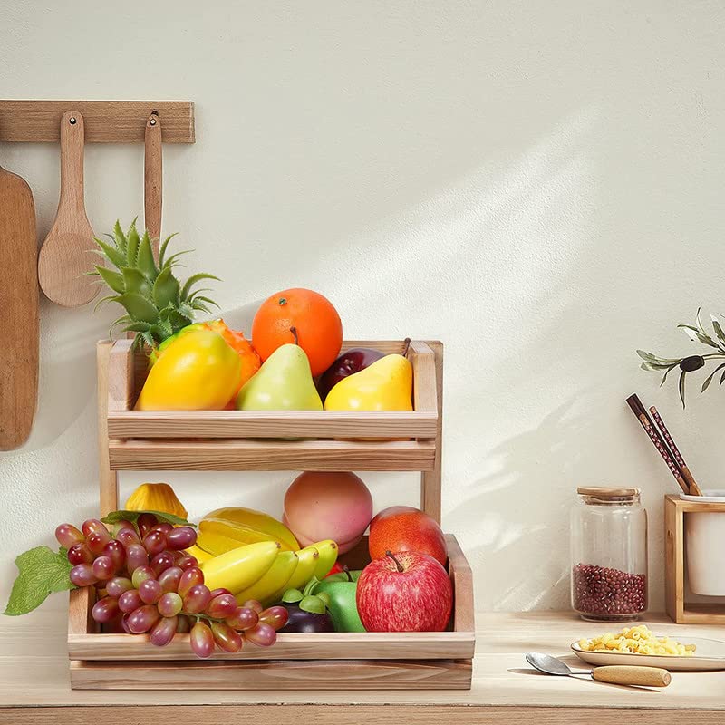 VAALZEE Wooden 2 Tier Fruit Basket for Kitchen Countertop, Natural Pine Wood Vegetable Storage Rack for Potatoes Onions Bread Snacks, Rustic Fruit Bowl Holder with Ventilation Design, Beige - Image 4