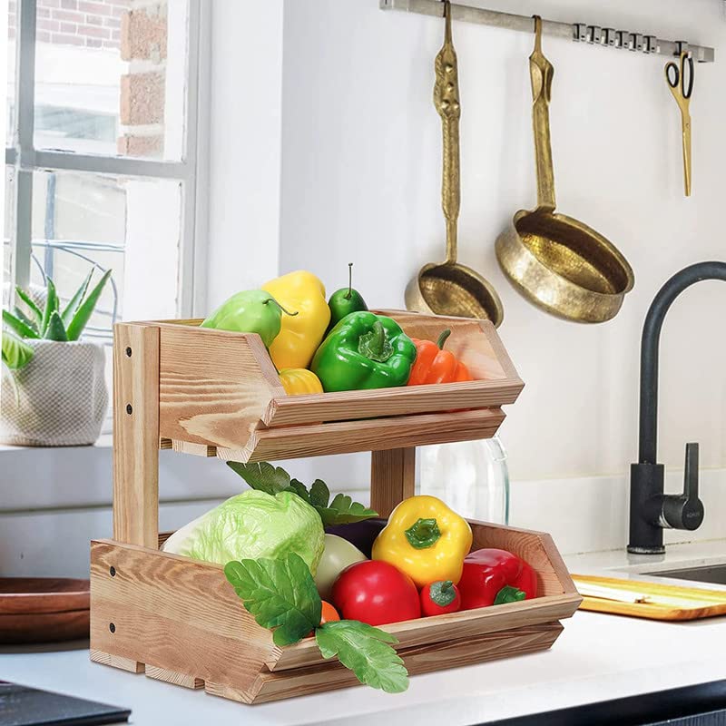 VAALZEE Wooden 2 Tier Fruit Basket for Kitchen Countertop, Natural Pine Wood Vegetable Storage Rack for Potatoes Onions Bread Snacks, Rustic Fruit Bowl Holder with Ventilation Design, Beige - Image 5