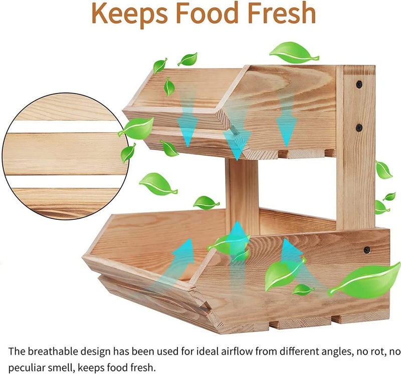VAALZEE Wooden 2 Tier Fruit Basket for Kitchen Countertop, Natural Pine Wood Vegetable Storage Rack for Potatoes Onions Bread Snacks, Rustic Fruit Bowl Holder with Ventilation Design, Beige - Image 3