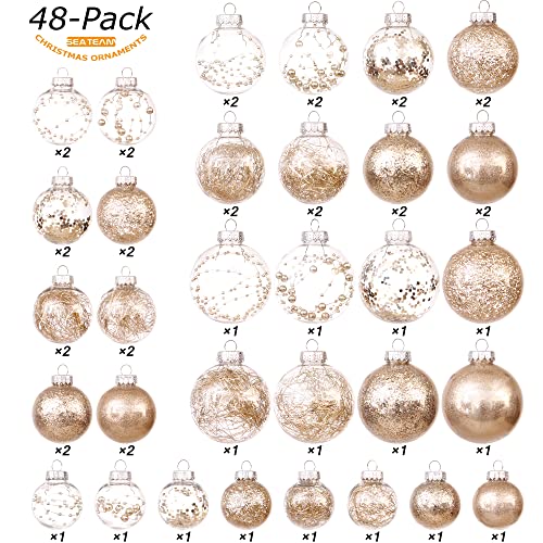 Sea Team Multi-Size Shatterproof Clear Plastic Christmas Tree Ball Ornaments Set, Decorative Hanging Transparent Xmas Baubles with Stuffed Delicate Decorations (48 Counts, Champagne) - Image 2