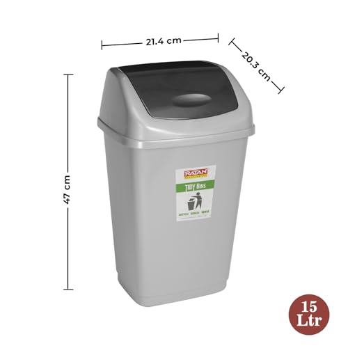 RATAN PLASTICWARE Tidy Bin with Swing Lid 15 Litres Plastic Dustbin, Trash Bin, Garbage Waste Bin For Home, Bathroom, Kitchen, Office, Bedroom Grey Color - Image 2