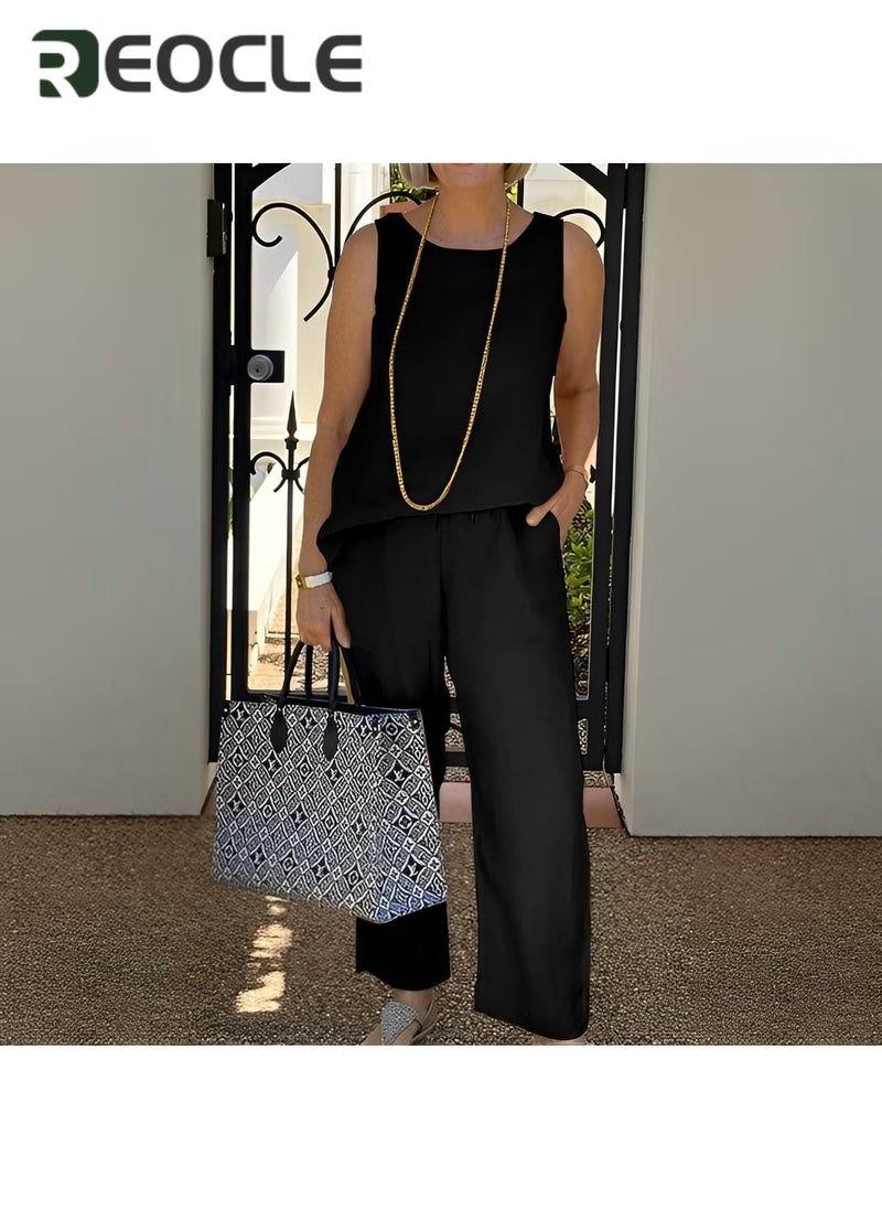 REOCLE Sleeveless Top Nine-point Wide-leg Pants Two-piece Set for Women New Summer Cotton and Linen Suit Loose Casual Suit - Image 5
