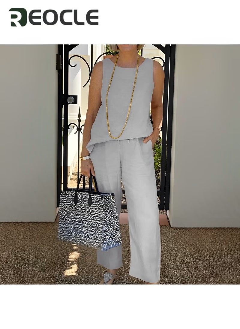REOCLE Sleeveless Top Nine-point Wide-leg Pants Two-piece Set for Women New Summer Cotton and Linen Suit Loose Casual Suit - Image 2