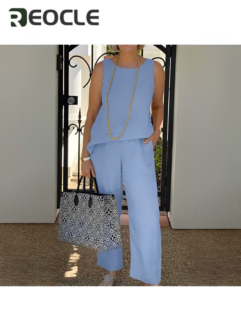 REOCLE Sleeveless Top Nine-point Wide-leg Pants Two-piece Set for Women New Summer Cotton and Linen Suit Loose Casual Suit - Image 3