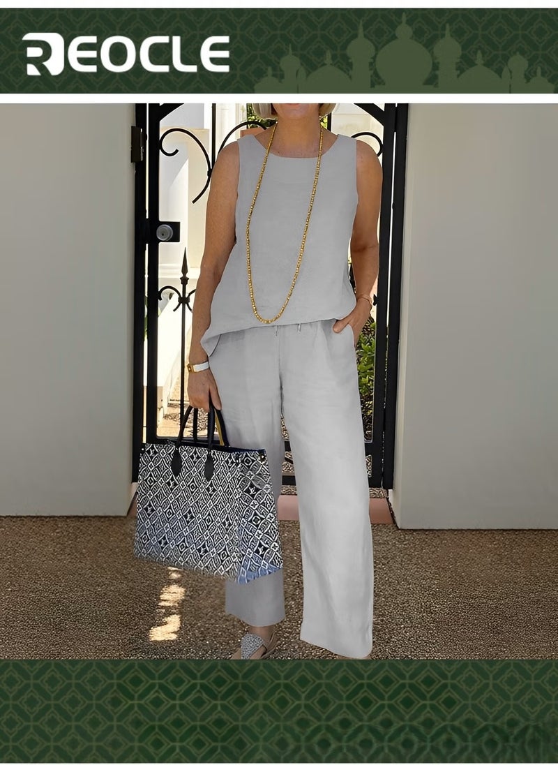 REOCLE Sleeveless Top Nine-point Wide-leg Pants Two-piece Set for Women New Summer Cotton and Linen Suit Loose Casual Suit - Image 1
