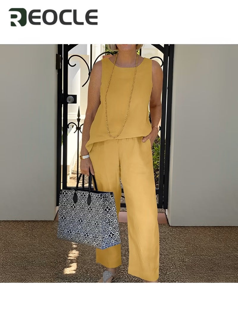 REOCLE Sleeveless Top Nine-point Wide-leg Pants Two-piece Set for Women New Summer Cotton and Linen Suit Loose Casual Suit - Image 4