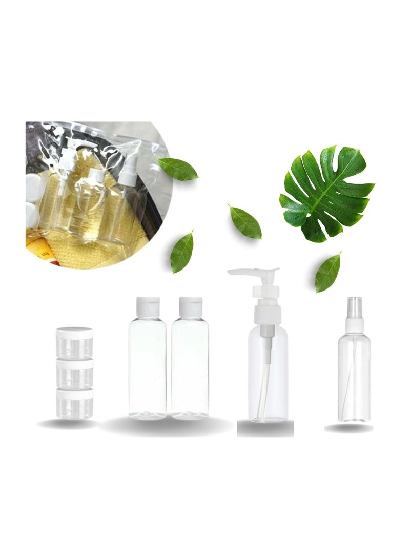 طقم 5 زجاجات وعلب للسفر بلاستيكية صغيرة فارغة قابلة لإعادة الملء بخاخ للضغط لمستحضرات التجميل ومستلزمات السفر مع شنطة تخزين (ابيض) - Image 1