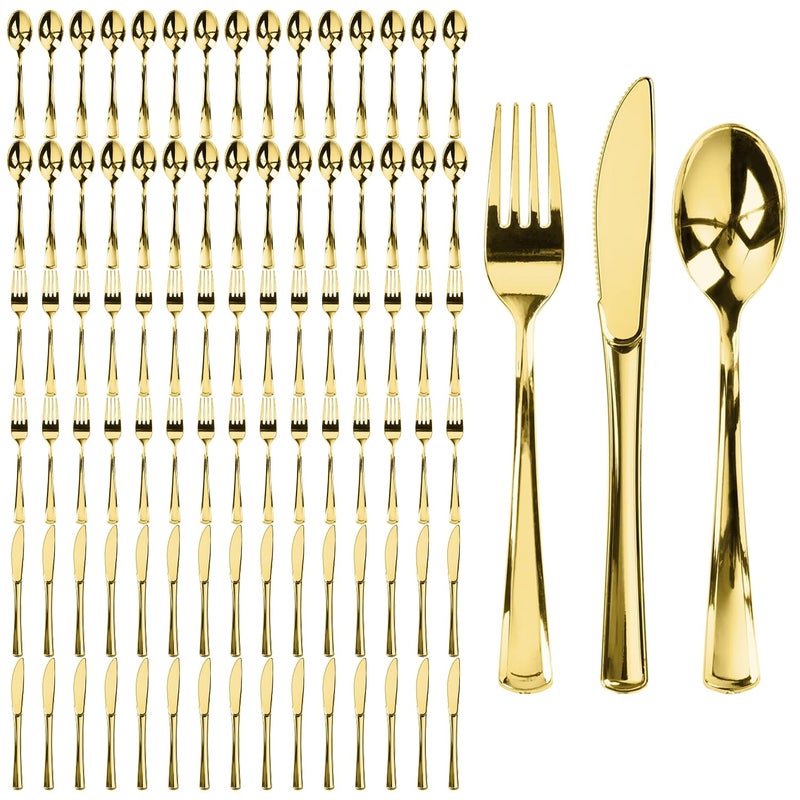 Prestee Prestee 300 ct Gold Plastic Silverware Set  Heavy Duty Disposable Cutlery  100 Forks 100 Spoons 100 Knives  Elegant Gold Finish Utensils for Weddings Parties Holidays 