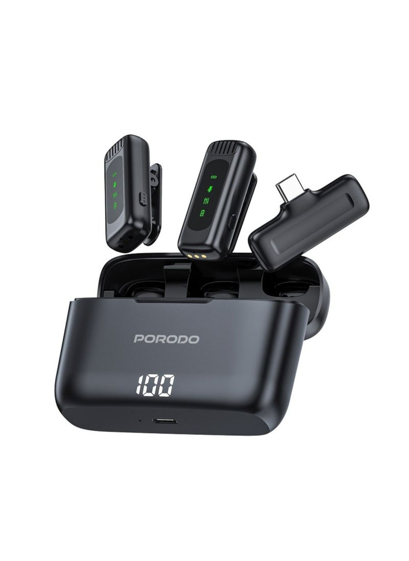 porodo Lavalier Double Microphone with Charging Case, 4 Hours Working Time, 1 Hour Microphones Recharge Time, 300mAh Case Battery Capacity - Black  - Image 1