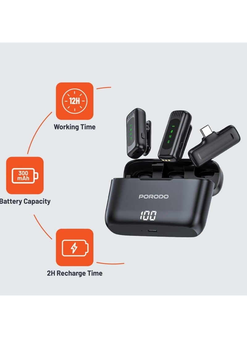 porodo Lavalier Double Microphone with Charging Case, 4 Hours Working Time, 1 Hour Microphones Recharge Time, 300mAh Case Battery Capacity - Black  - Image 3