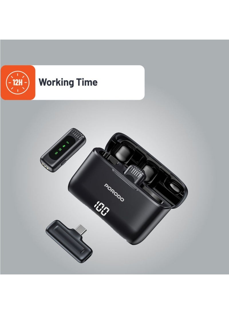 porodo Lavalier Double Microphone with Charging Case, 4 Hours Working Time, 1 Hour Microphones Recharge Time, 300mAh Case Battery Capacity - Black  - Image 5