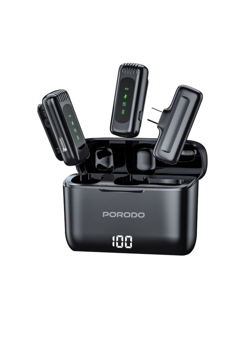porodo Lavalier Double Microphone with Charging Case, 4 Hours Working Time, 1 Hour Microphones Recharge Time, 300mAh Case Battery Capacity - Black  - Image 2