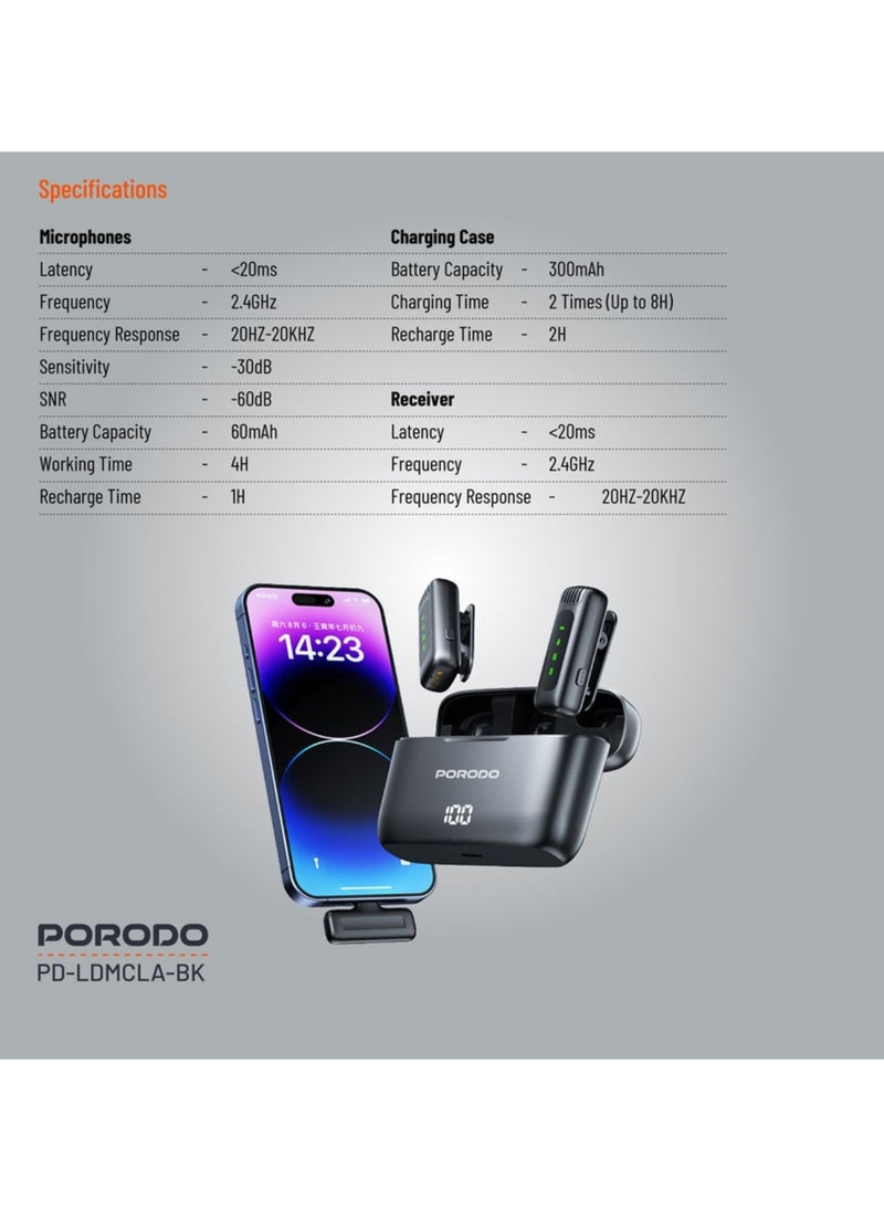 porodo Lavalier Double Microphone with Charging Case, 4 Hours Working Time, 1 Hour Microphones Recharge Time, 300mAh Case Battery Capacity - Black  - Image 4